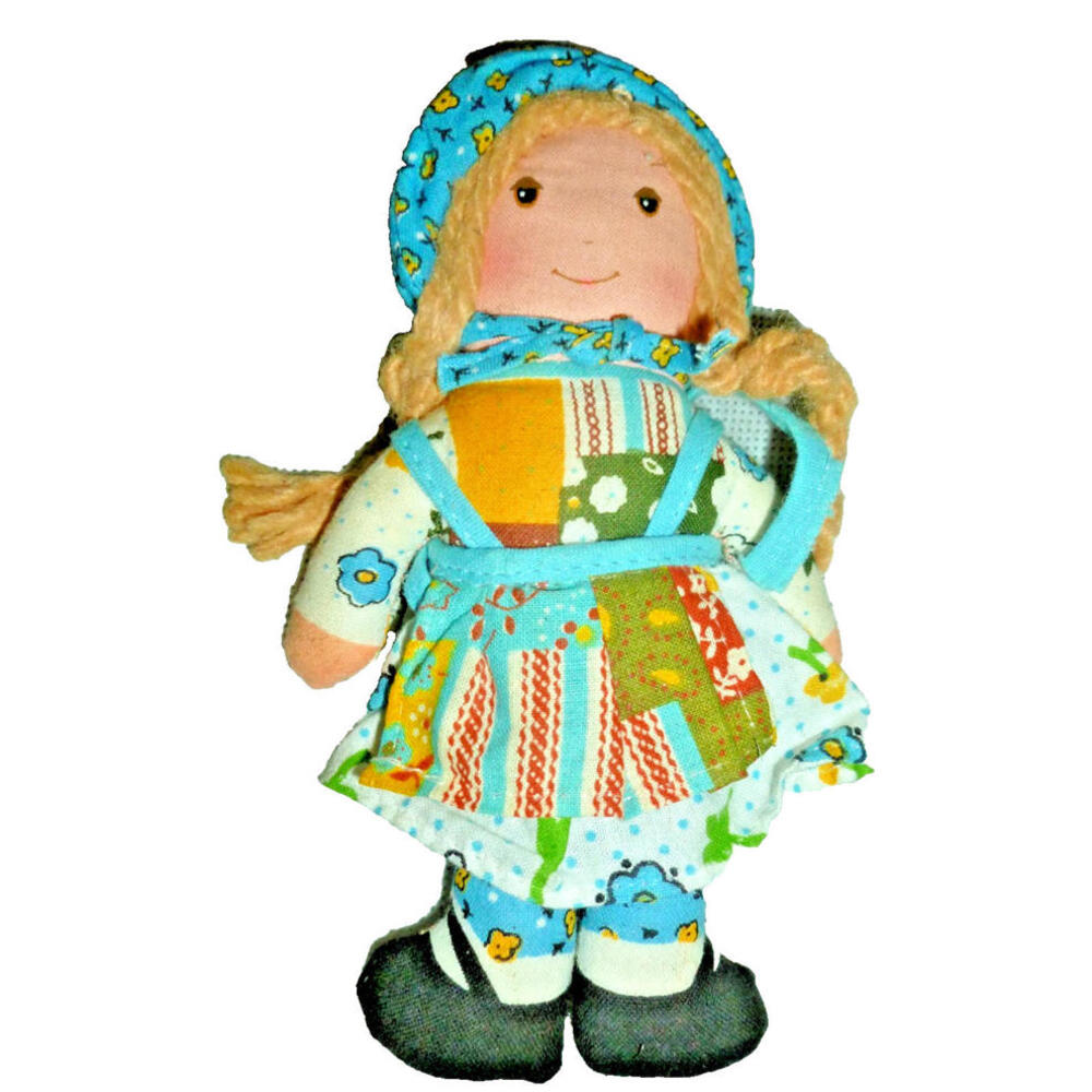 Vintage Holly Hobbie Rag Doll Blue Floral Patchwork Dress Bonnet Braids 7 Inch